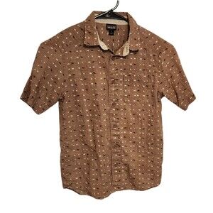 Patagonia Short Sleeve Shirt Brown w/ Animal Print Hemp Cotton Blend Boys Size M